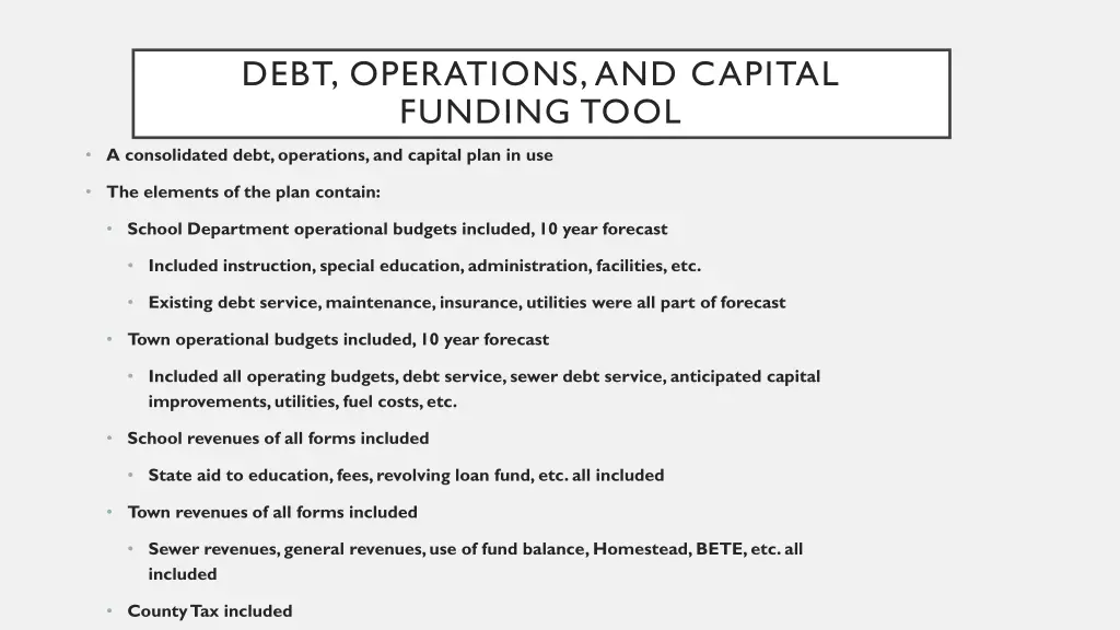 debt operations and capital funding tool