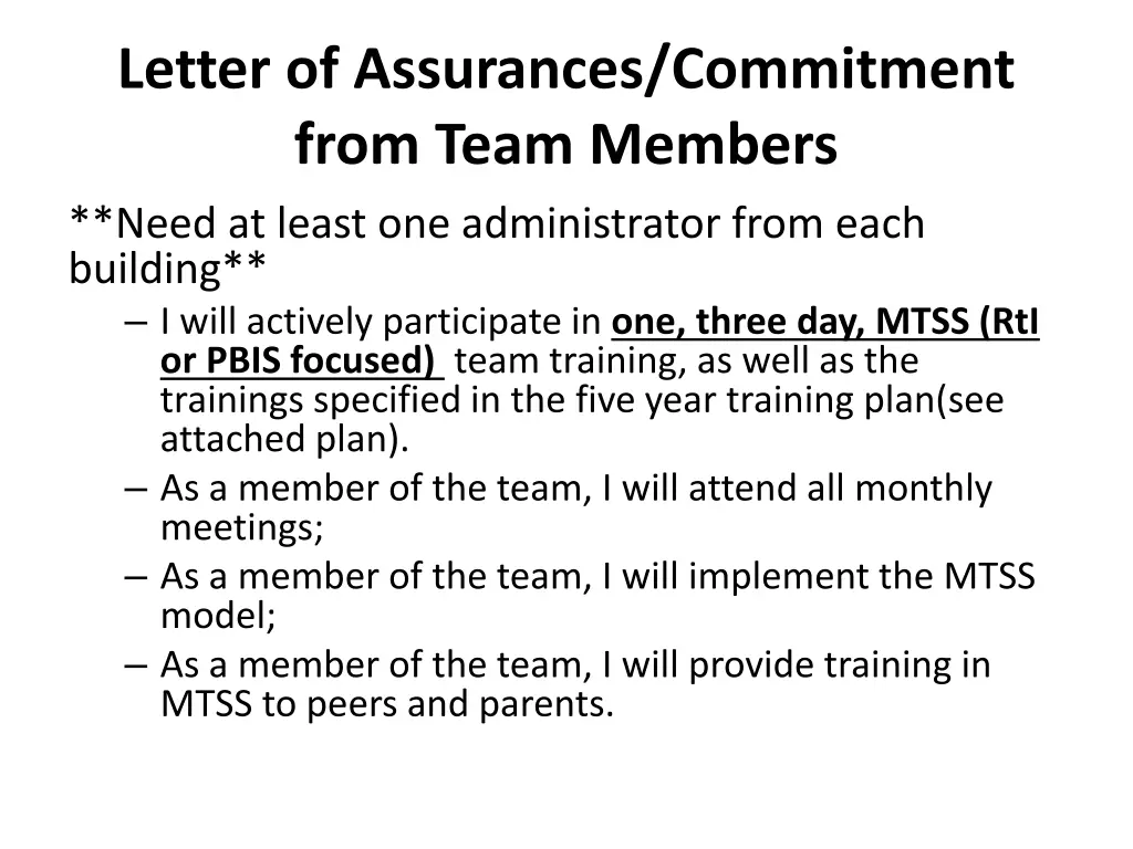 letter of assurances commitment from team members