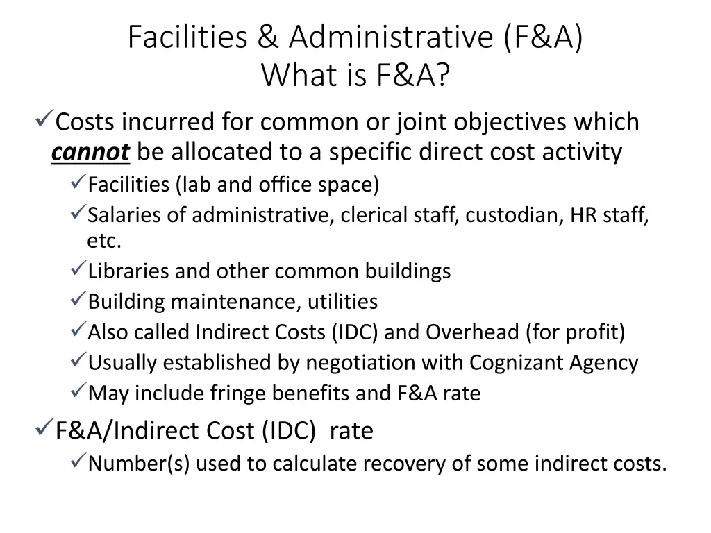 facilities administrative f a what is f a costs