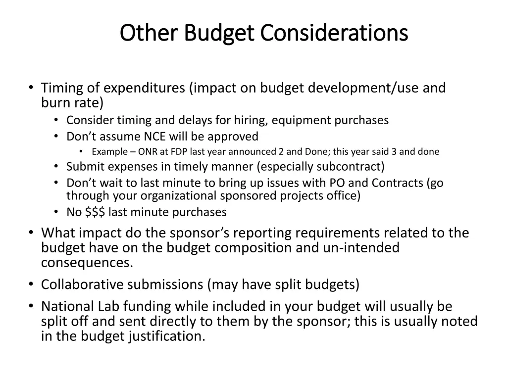 other budget considerations other budget