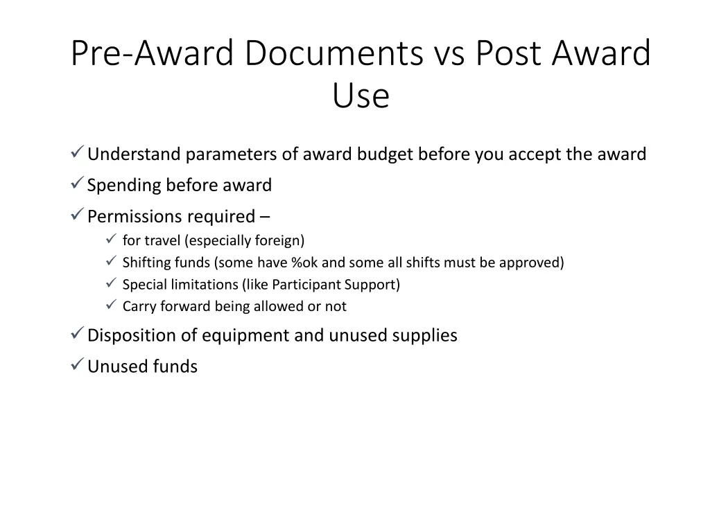 pre award documents vs post award use 1