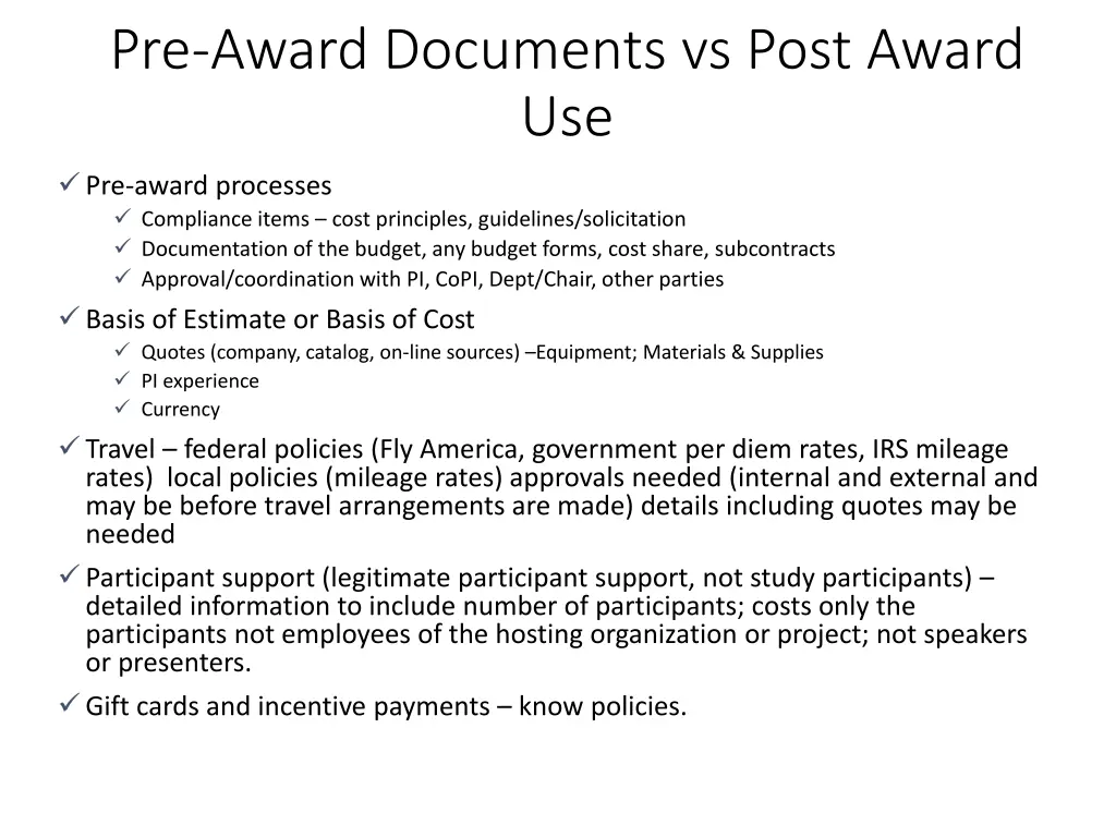 pre award documents vs post award use