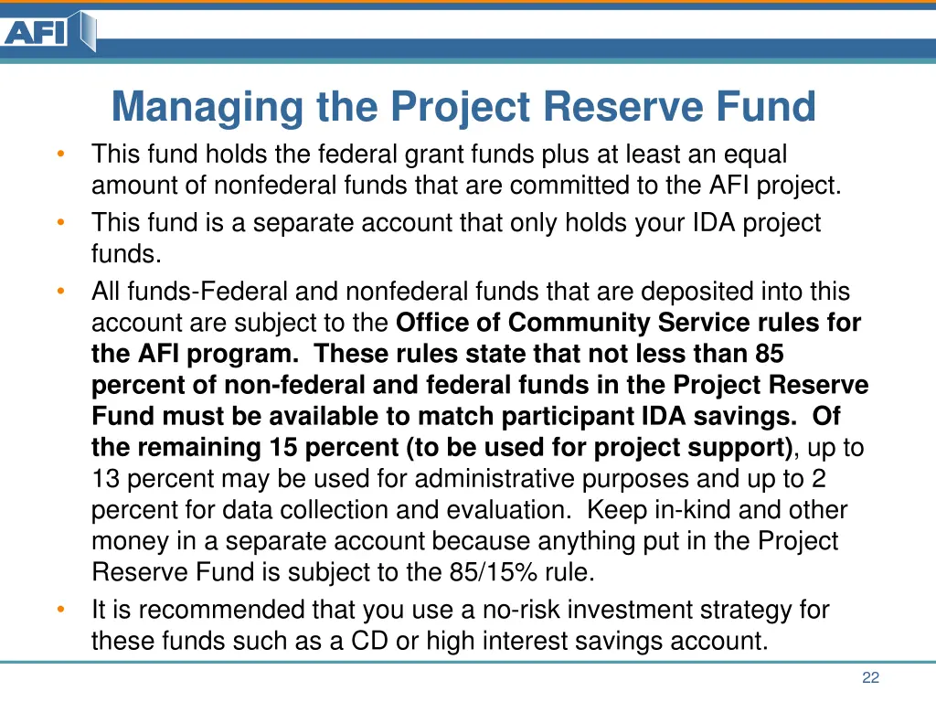 managing the project reserve fund this fund holds