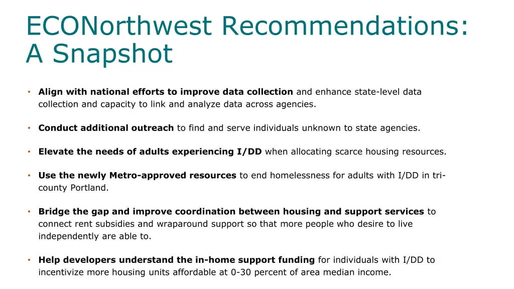 econorthwest recommendations a snapshot