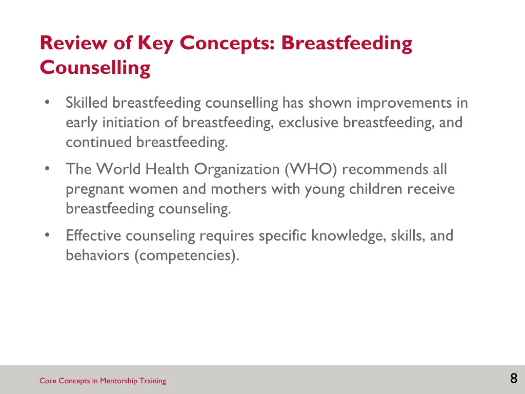 review of key concepts breastfeeding counselling
