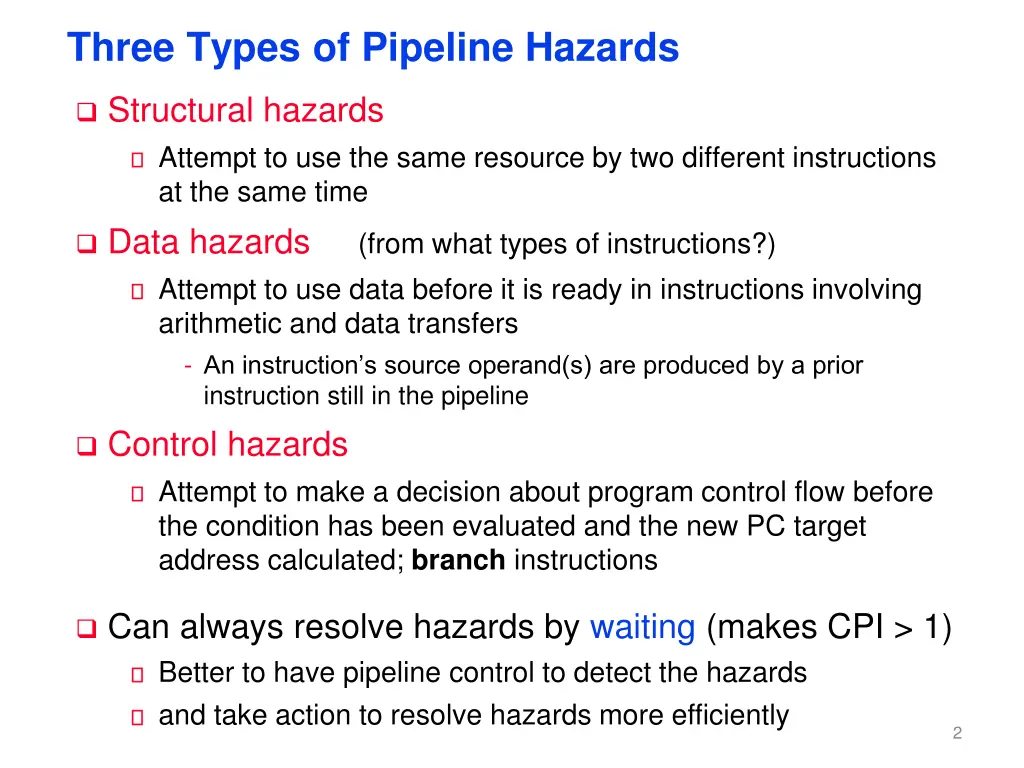 three types of pipeline hazards