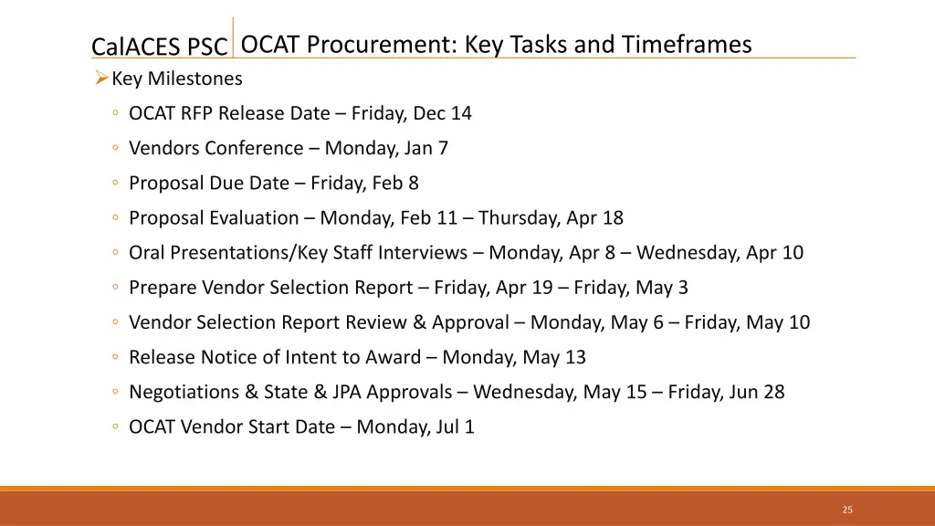 ocat procurement key tasks and timeframes