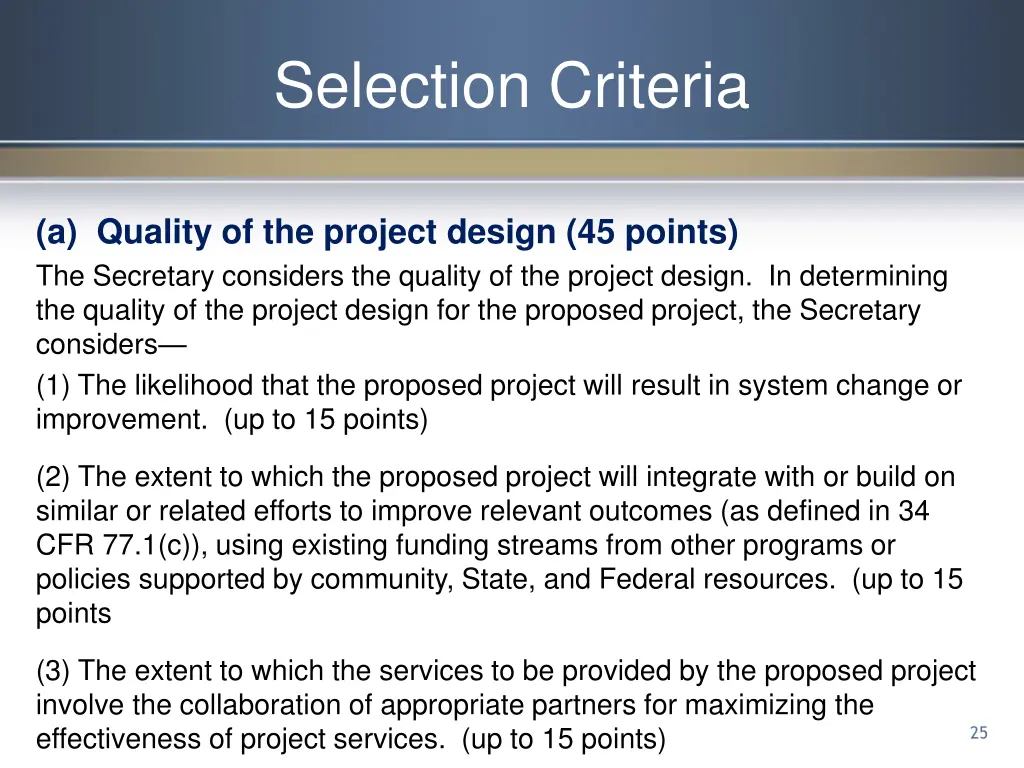 selection criteria 1