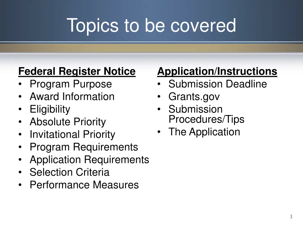 topics to be covered