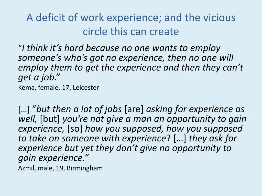 a deficit of work experience and the vicious