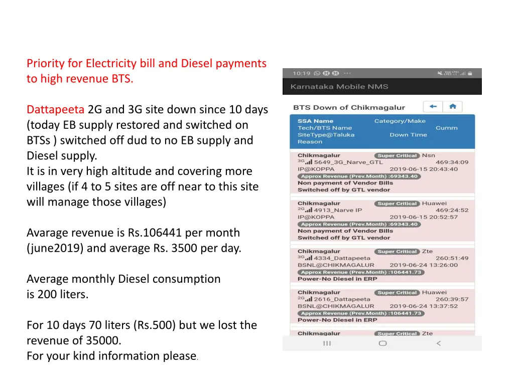 priority for electricity bill and diesel payments