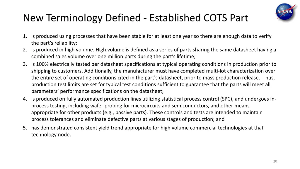 new terminology defined established cots part