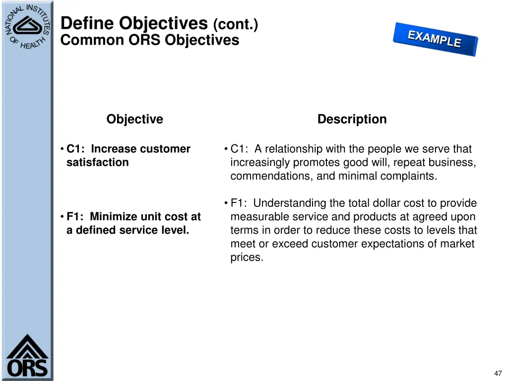 define objectives cont common ors objectives