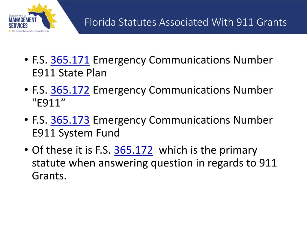 florida statutes associated with 911 grants