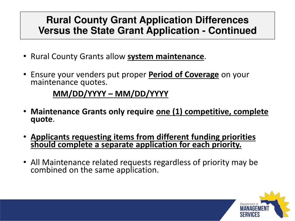 rural county grant application differences versus 1