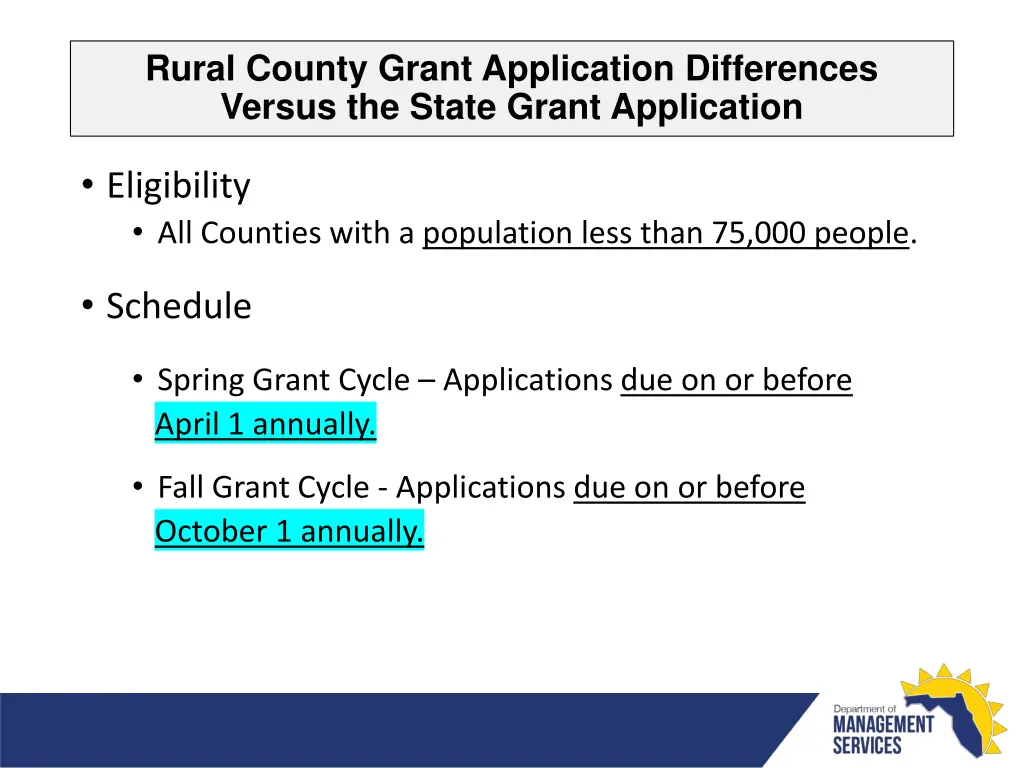 rural county grant application differences versus
