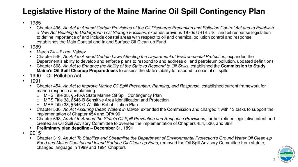 legislative history of the maine marine oil spill