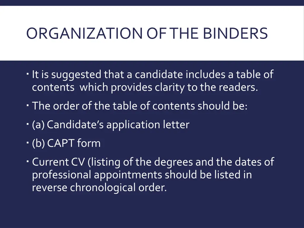 organization of the binders 2