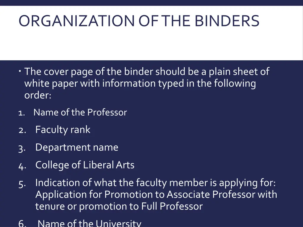 organization of the binders cover of the binder