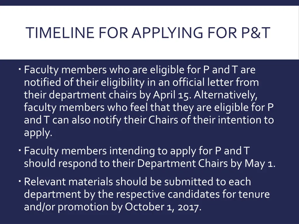 timeline for applying for p t department chairs