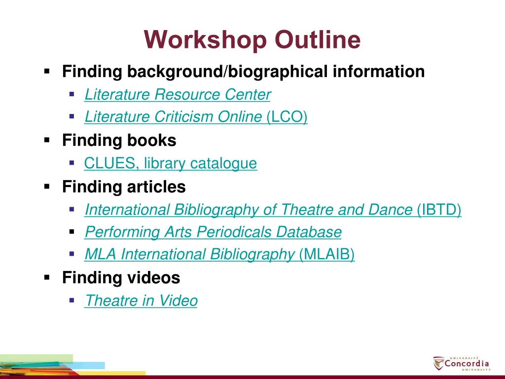 workshop outline finding background biographical