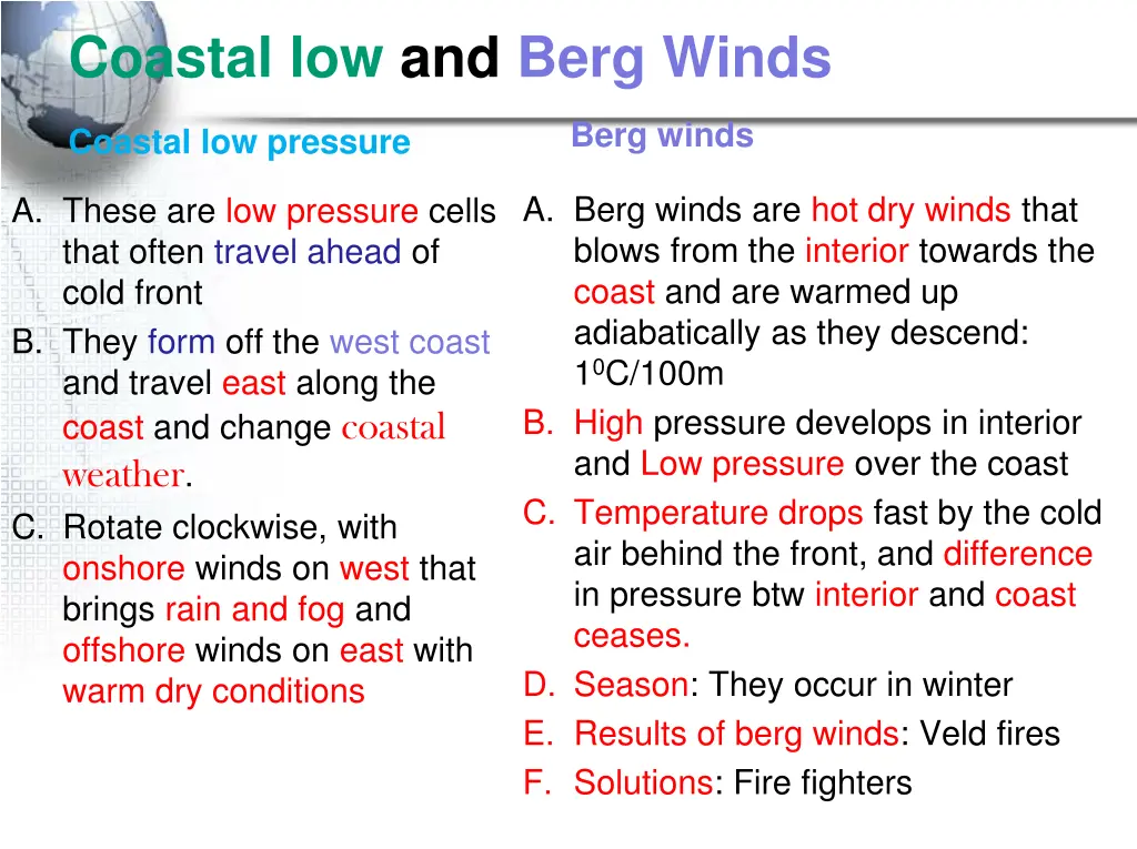coastal low and berg winds