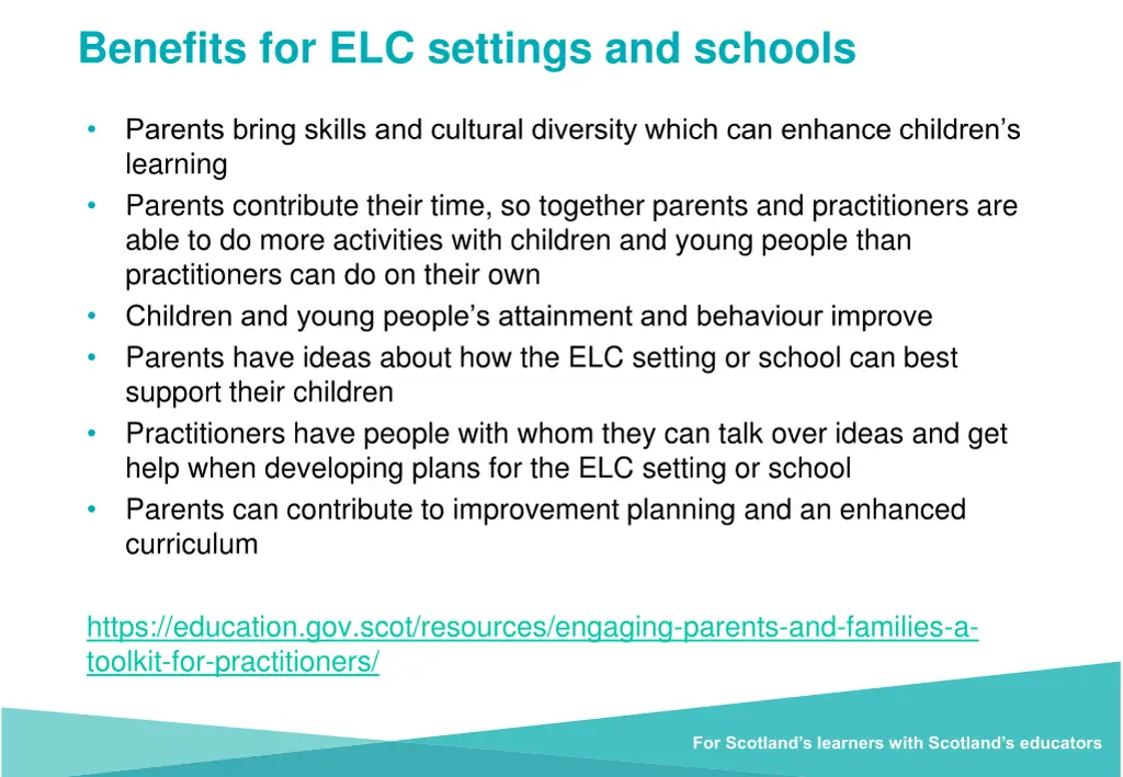benefits for elc settings and schools