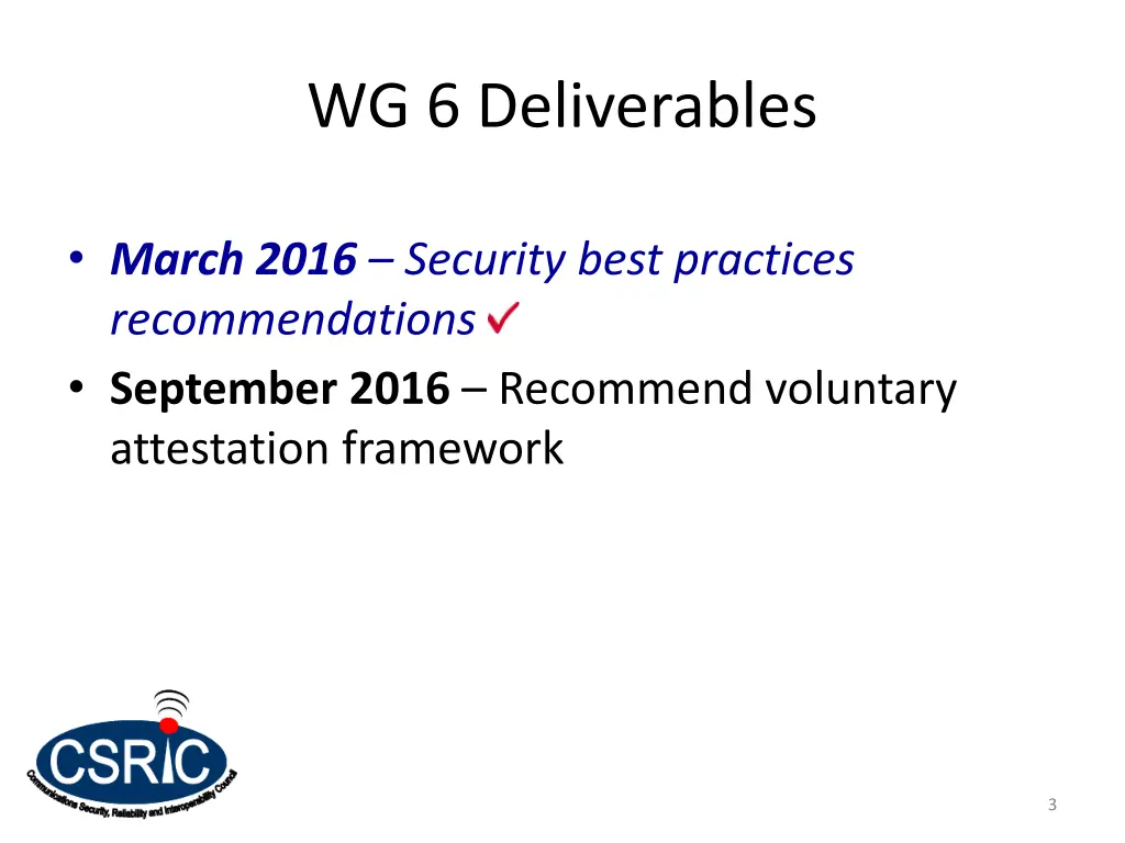 wg 6 deliverables