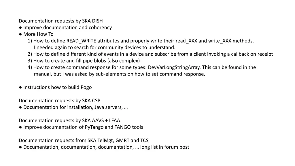 documentation requests by ska dish improve