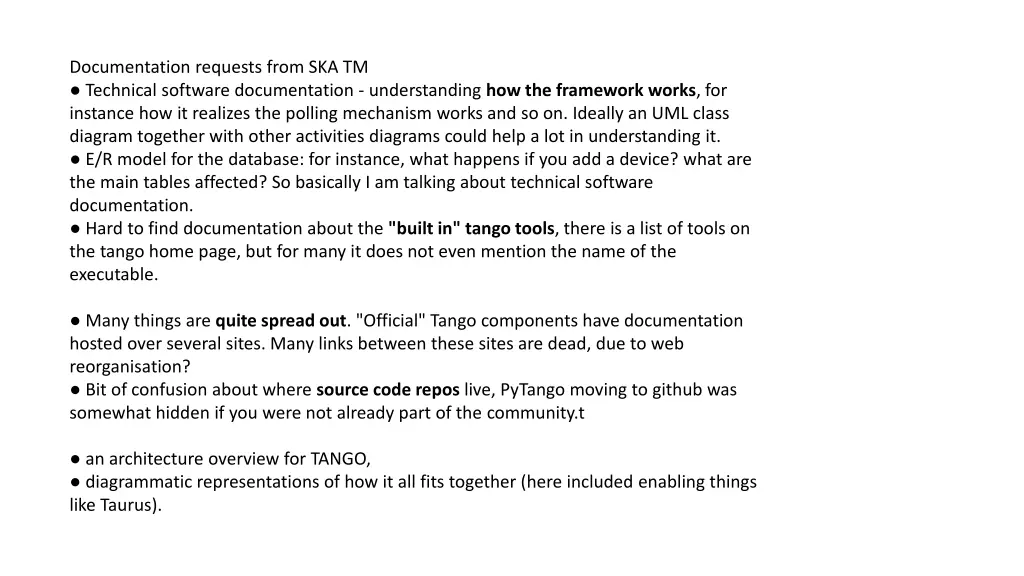 documentation requests from ska tm technical