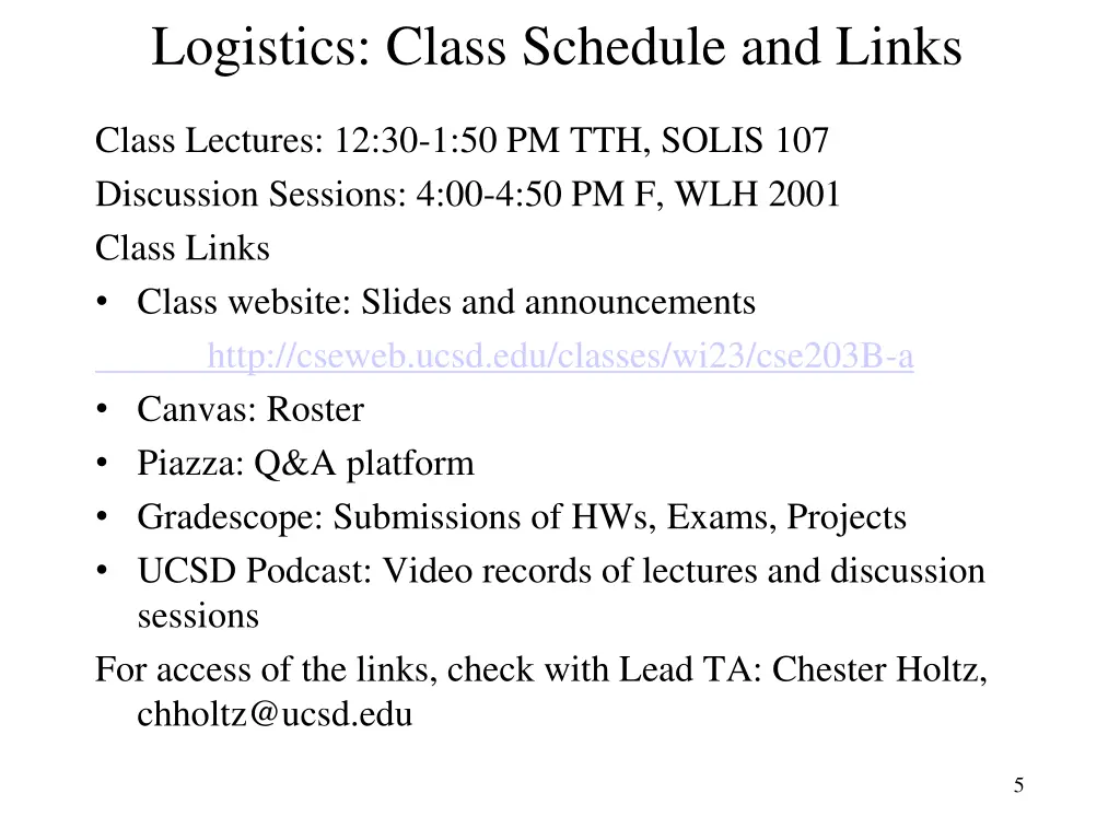logistics class schedule and links