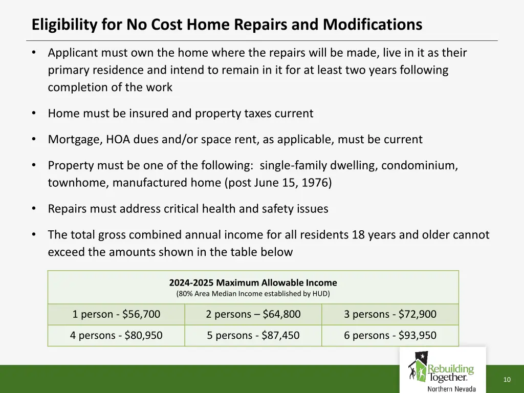 eligibility for no cost home repairs