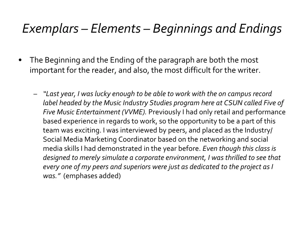 exemplars elements beginnings and endings