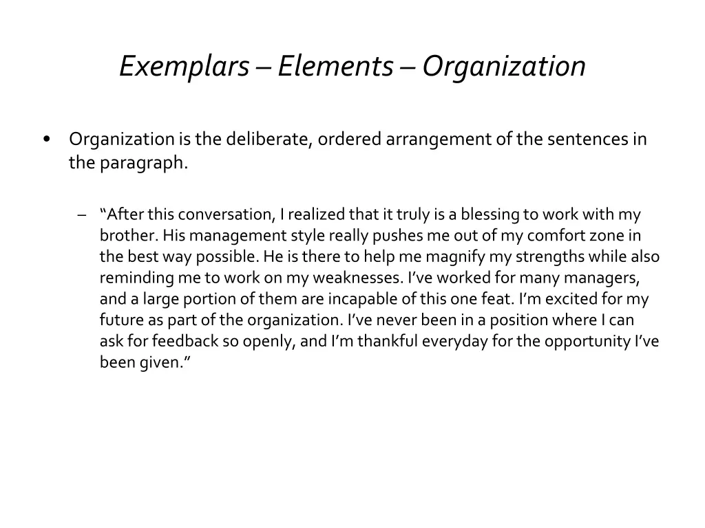 exemplars elements organization