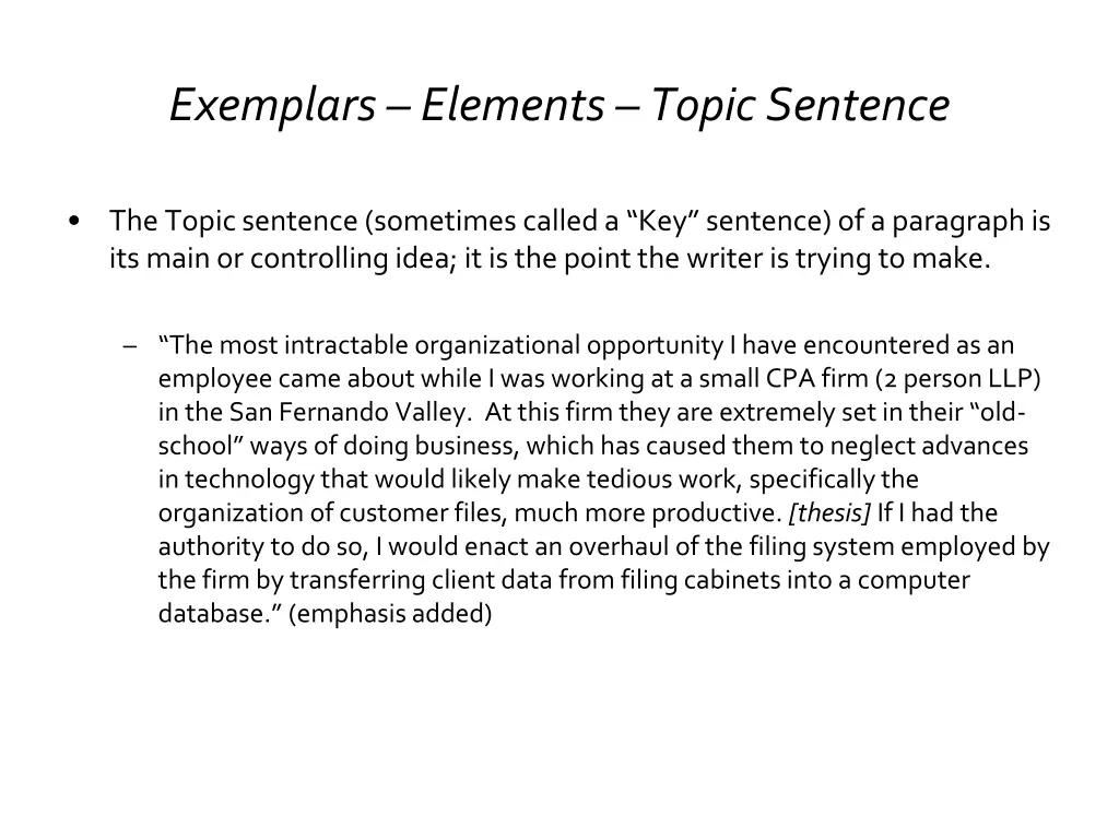 exemplars elements topic sentence