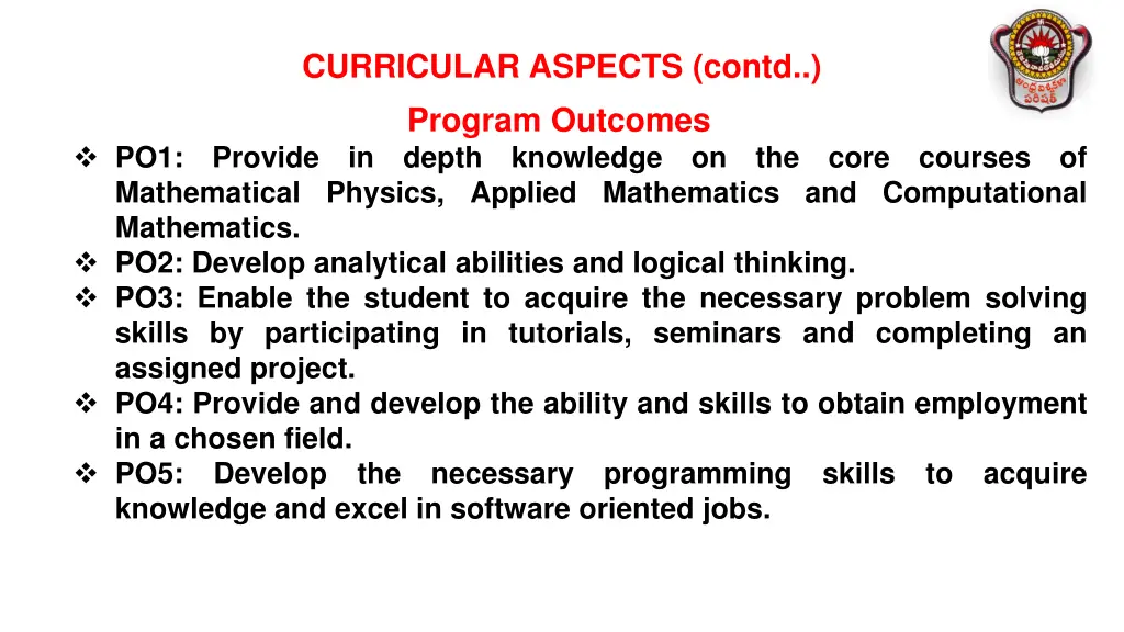 curricular aspects contd program outcomes