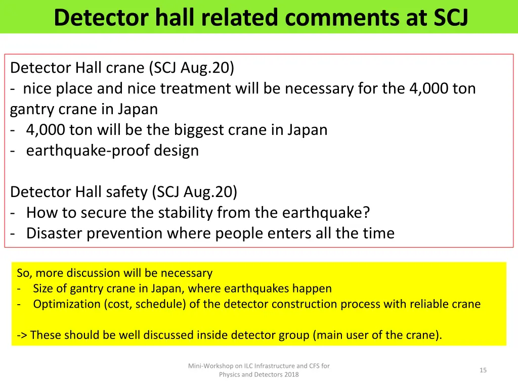 detector hall related comments at scj