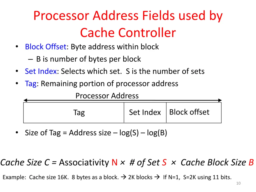 processor address fields used by cache controller