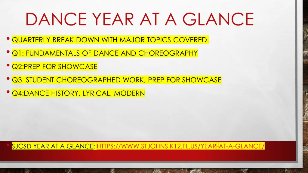 dance year at a glance quarterly break down with