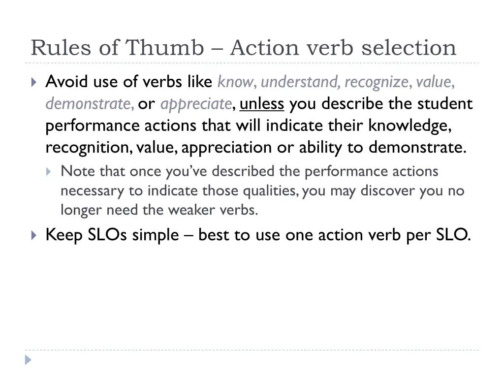 rules of thumb action verb selection