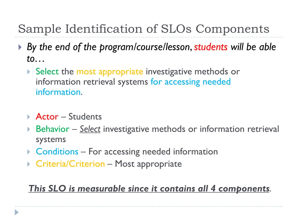 sample identification of slos components