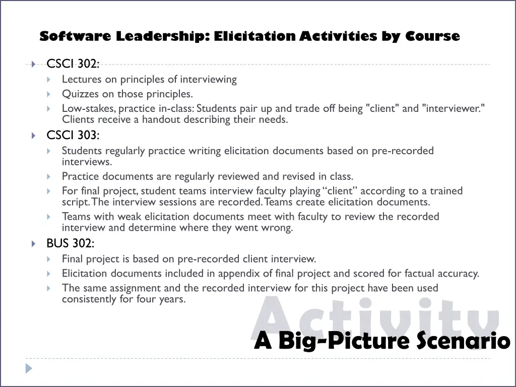 software leadership elicitation activities