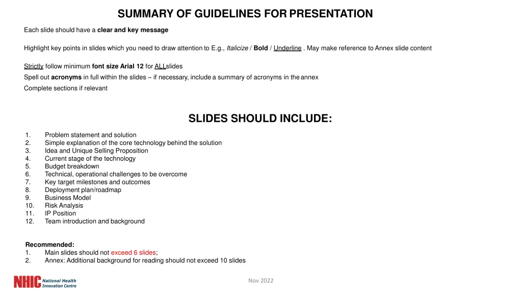 summary of guidelines for presentation