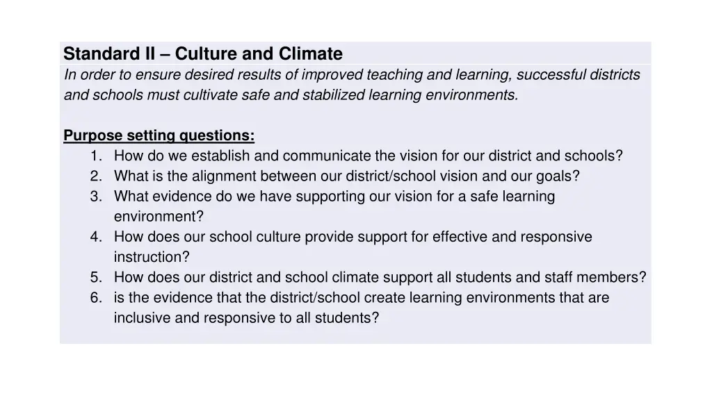 standard ii culture and climate in order