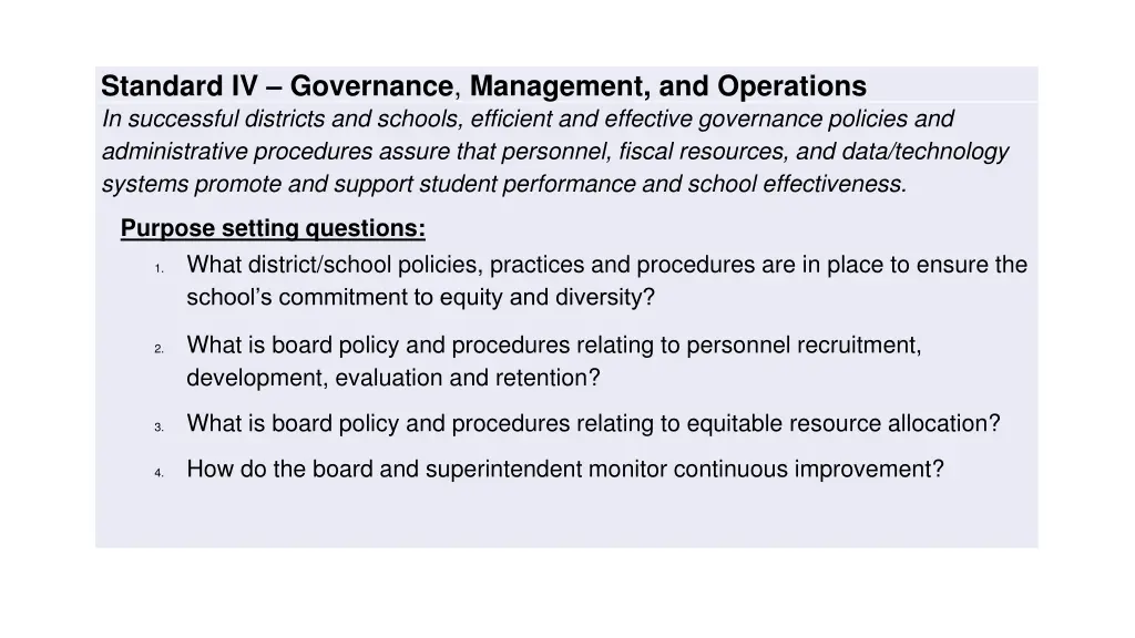 standard iv governance management and operations