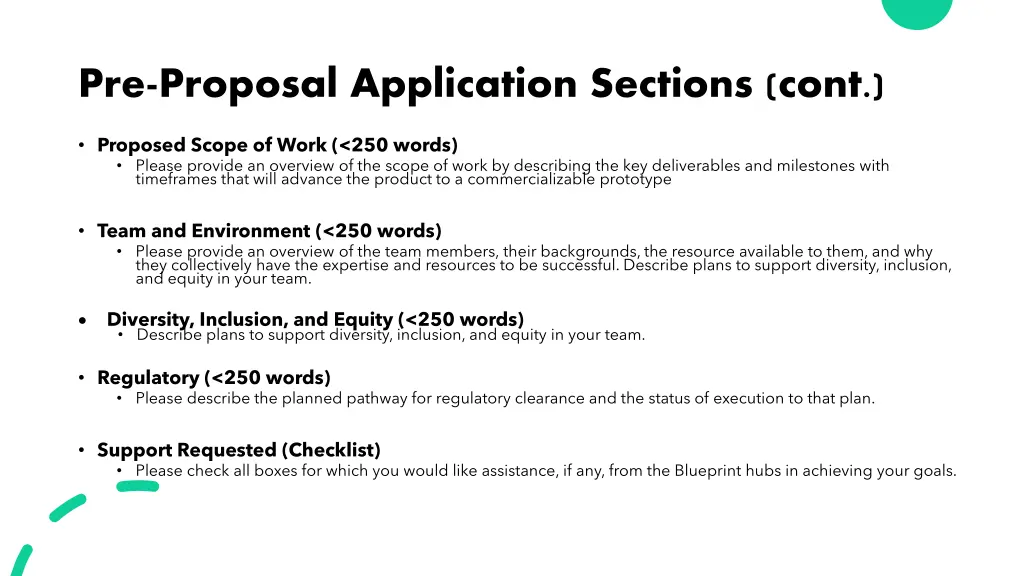 pre proposal application sections cont