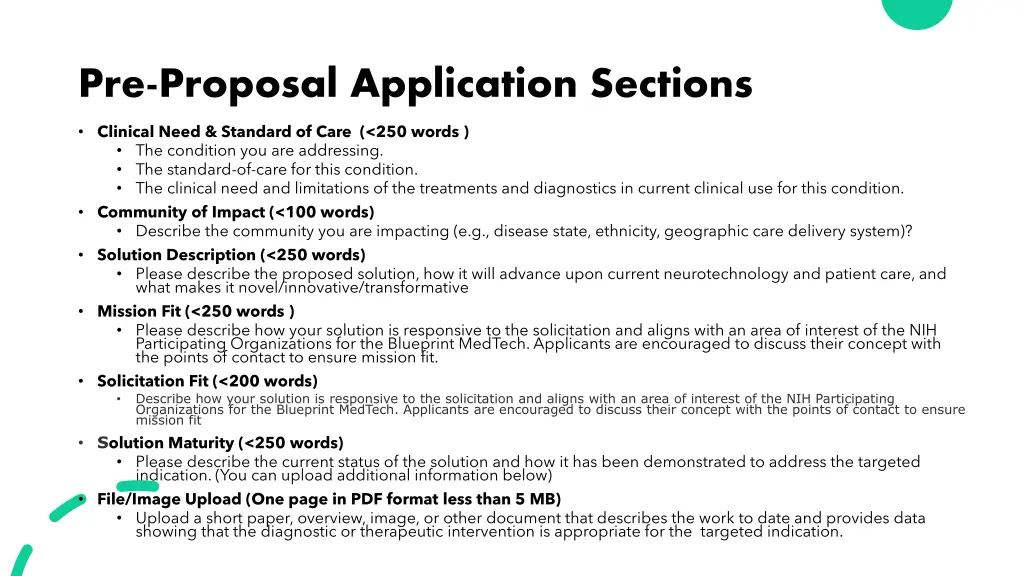 pre proposal application sections