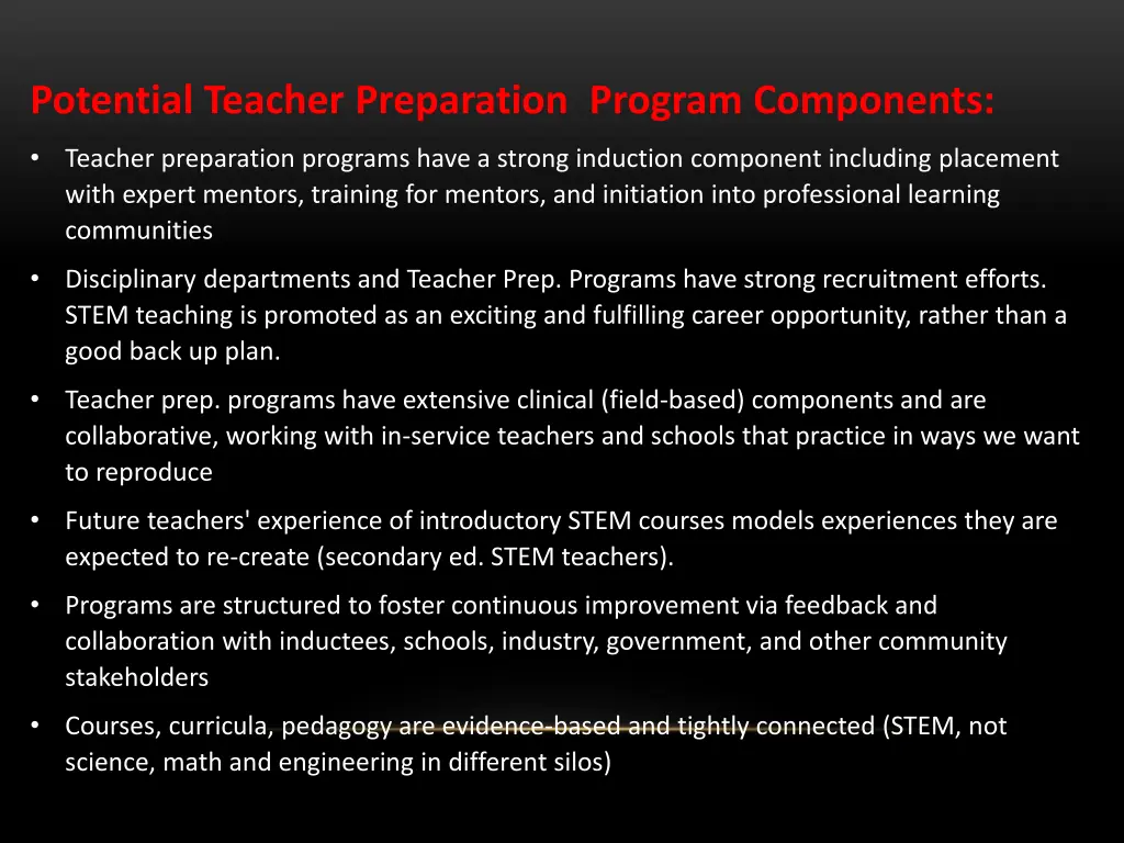 potential teacher preparation program components