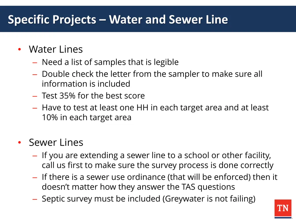 specific projects water and sewer line