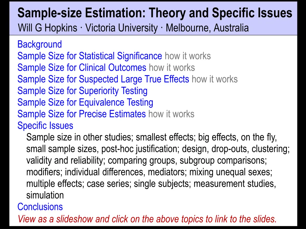 sample size estimation theory and specific issues